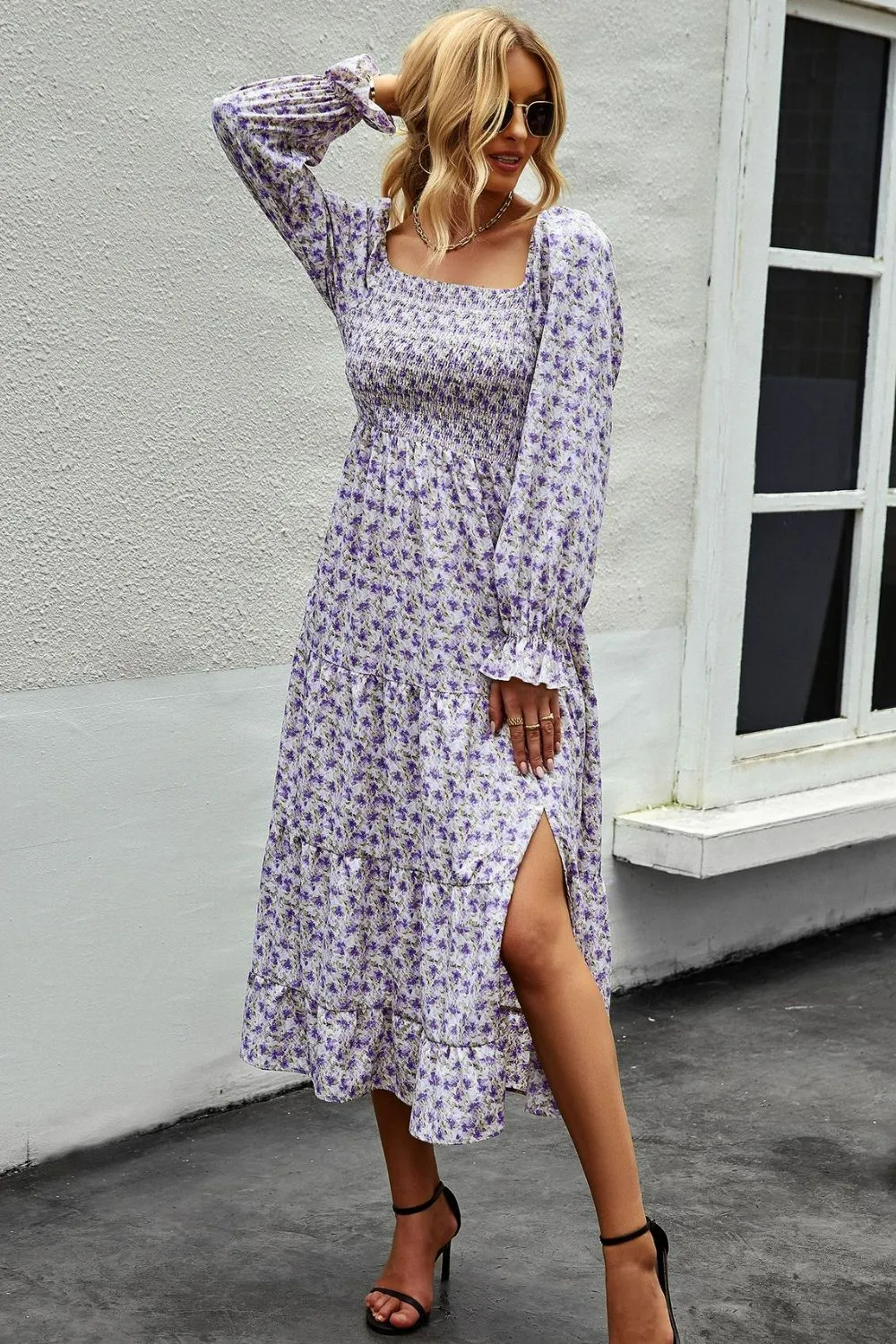 Square Neck Boho Smocked Midi Dress