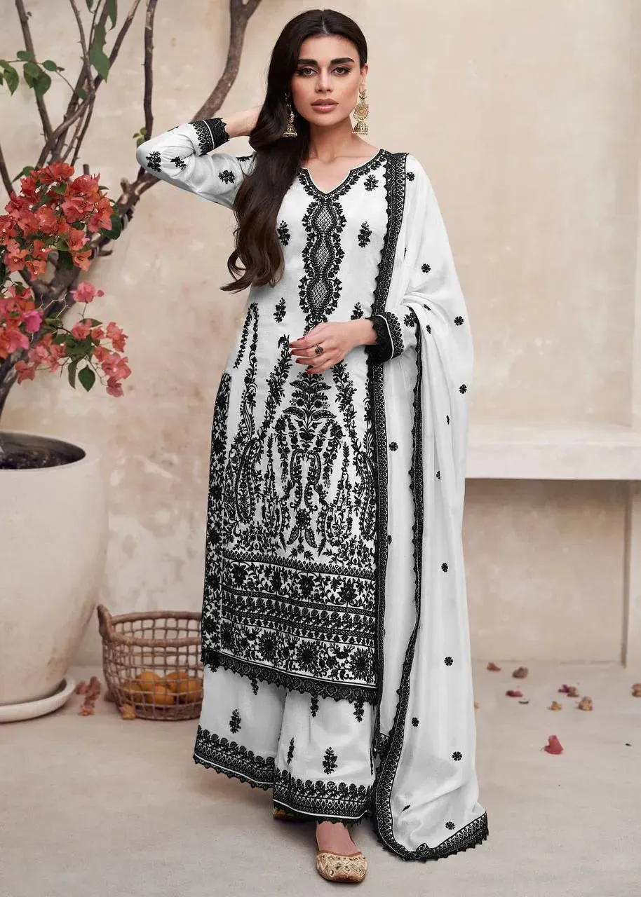 Stunning Black and White Chinon Embroidered Palazzo Suit