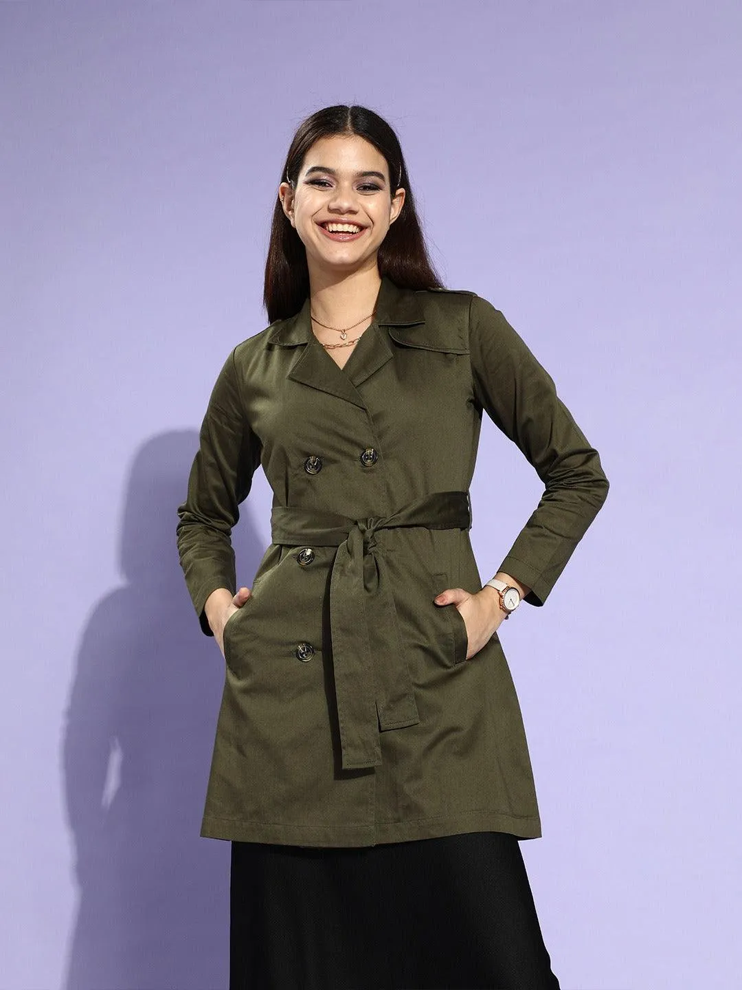 Style Quotient Women Olive Green Solid Double Breasted Trench Coat