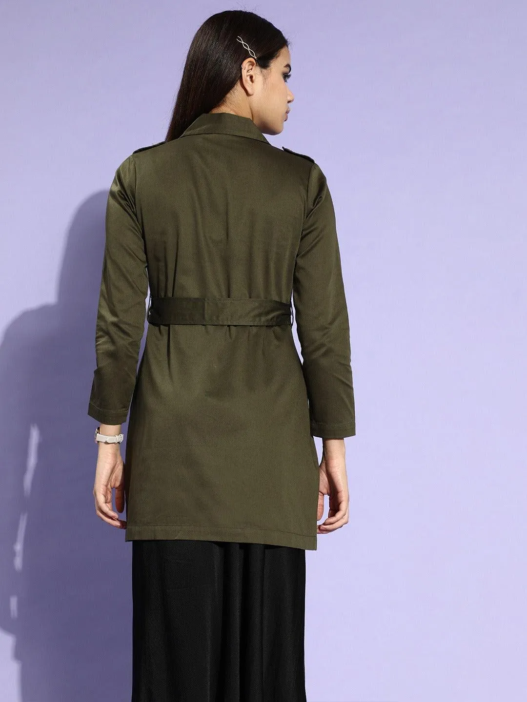 Style Quotient Women Olive Green Solid Double Breasted Trench Coat