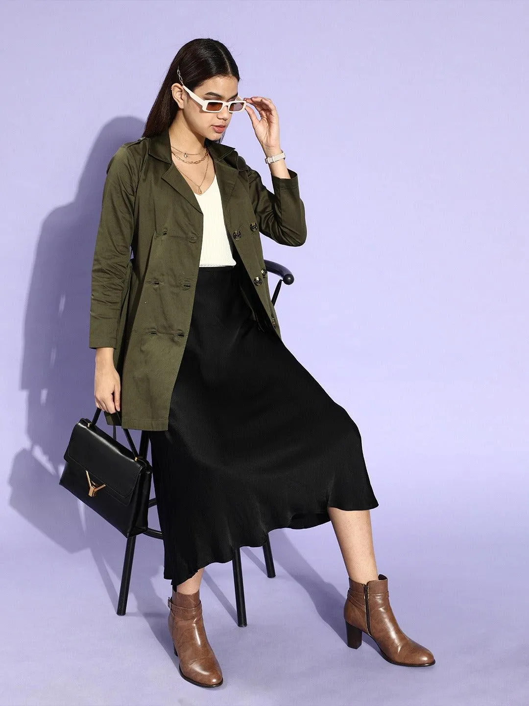 Style Quotient Women Olive Green Solid Double Breasted Trench Coat