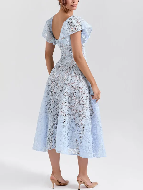 Sweetheart Lace Midi Dress with Inner Lining and Ruffle Sleeves