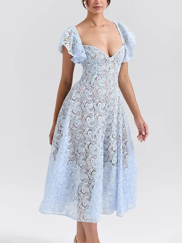 Sweetheart Lace Midi Dress with Inner Lining and Ruffle Sleeves