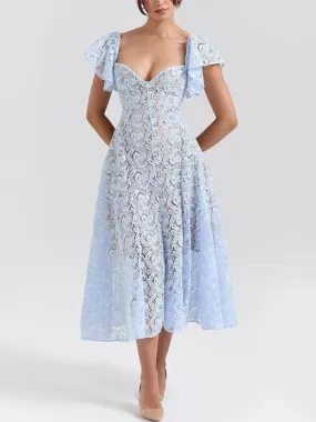 Sweetheart Lace Midi Dress with Inner Lining and Ruffle Sleeves