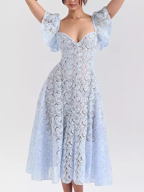 Sweetheart Lace Midi Dress with Inner Lining and Ruffle Sleeves