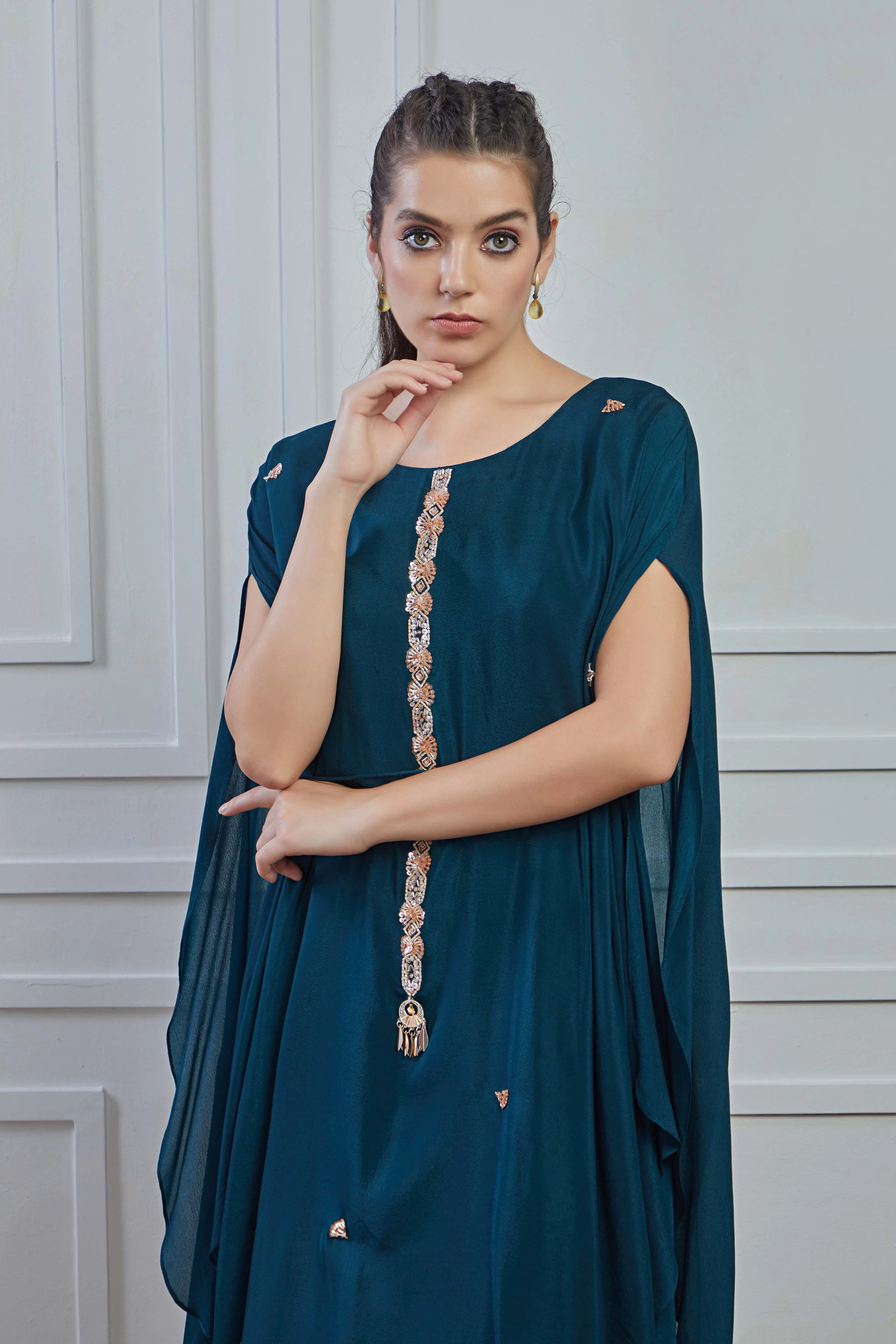 Teal Embellished Crepe Silk Kaftan Palazzo Set