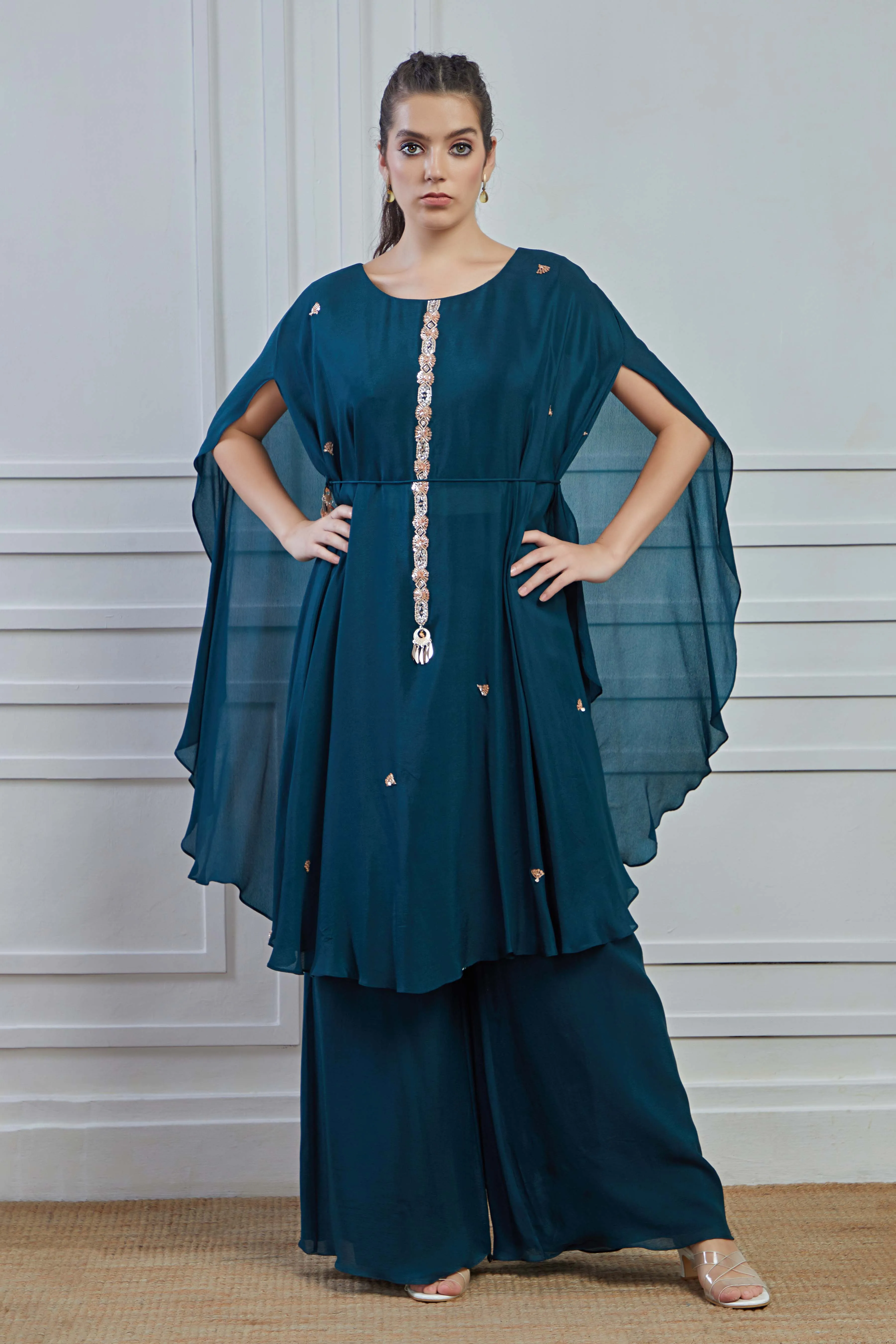 Teal Embellished Crepe Silk Kaftan Palazzo Set