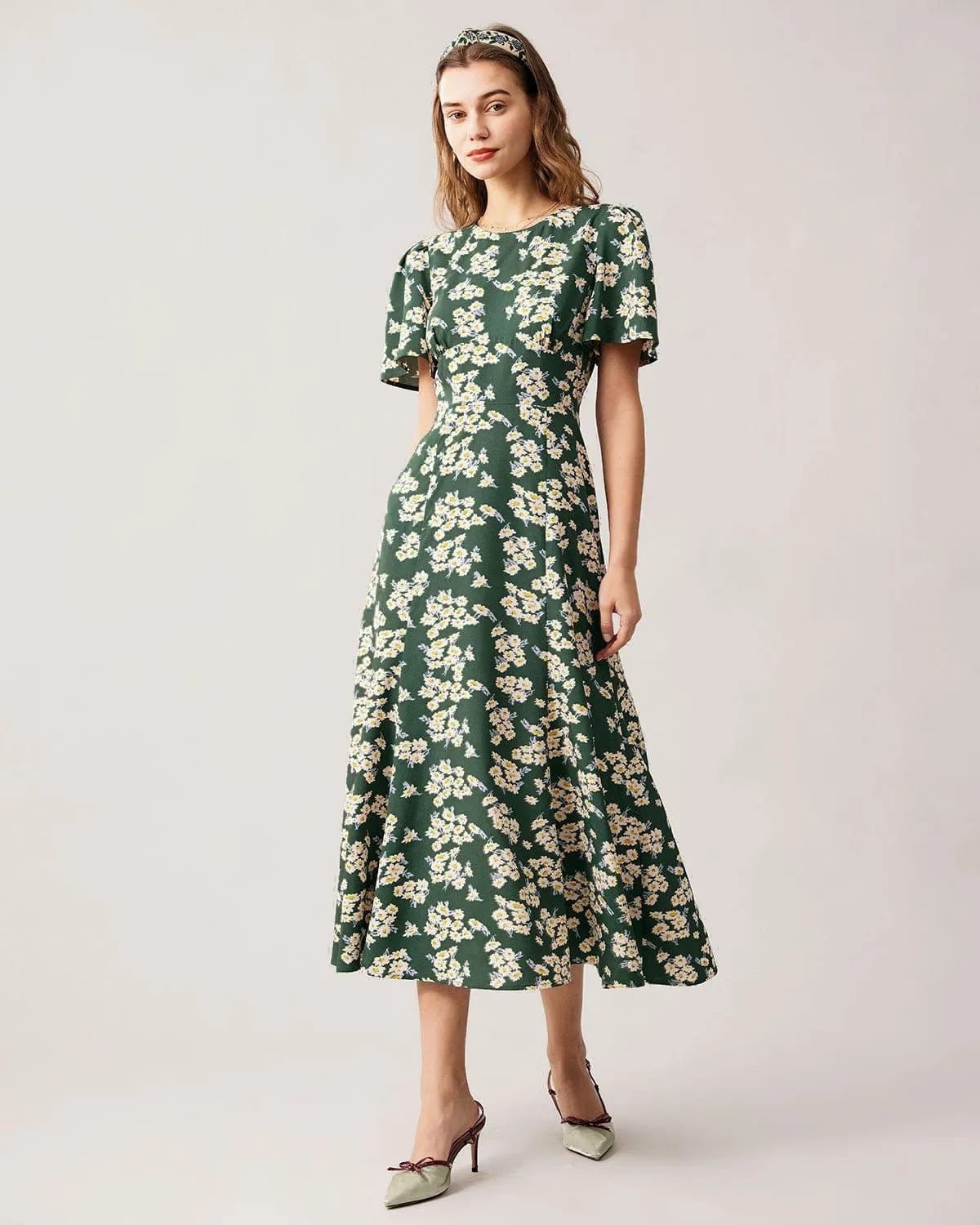 The Green Round Neck Short Sleeve Floral Midi Dress