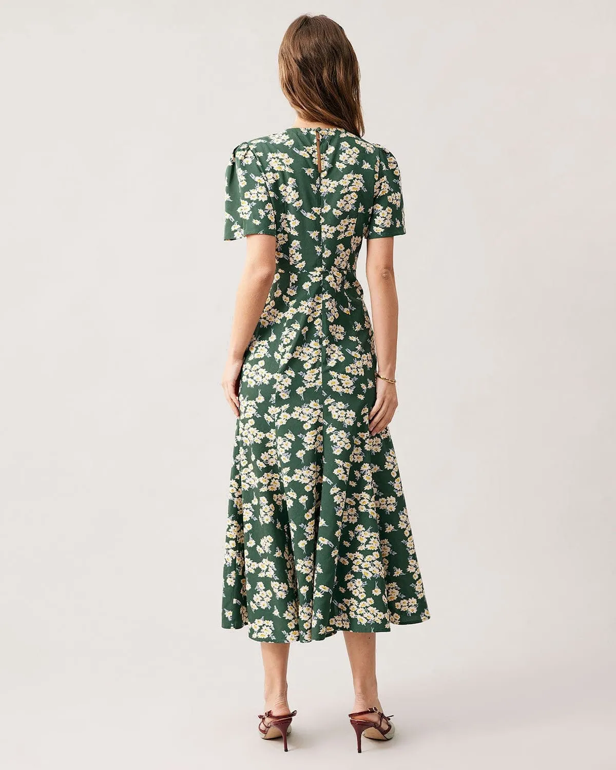 The Green Round Neck Short Sleeve Floral Midi Dress