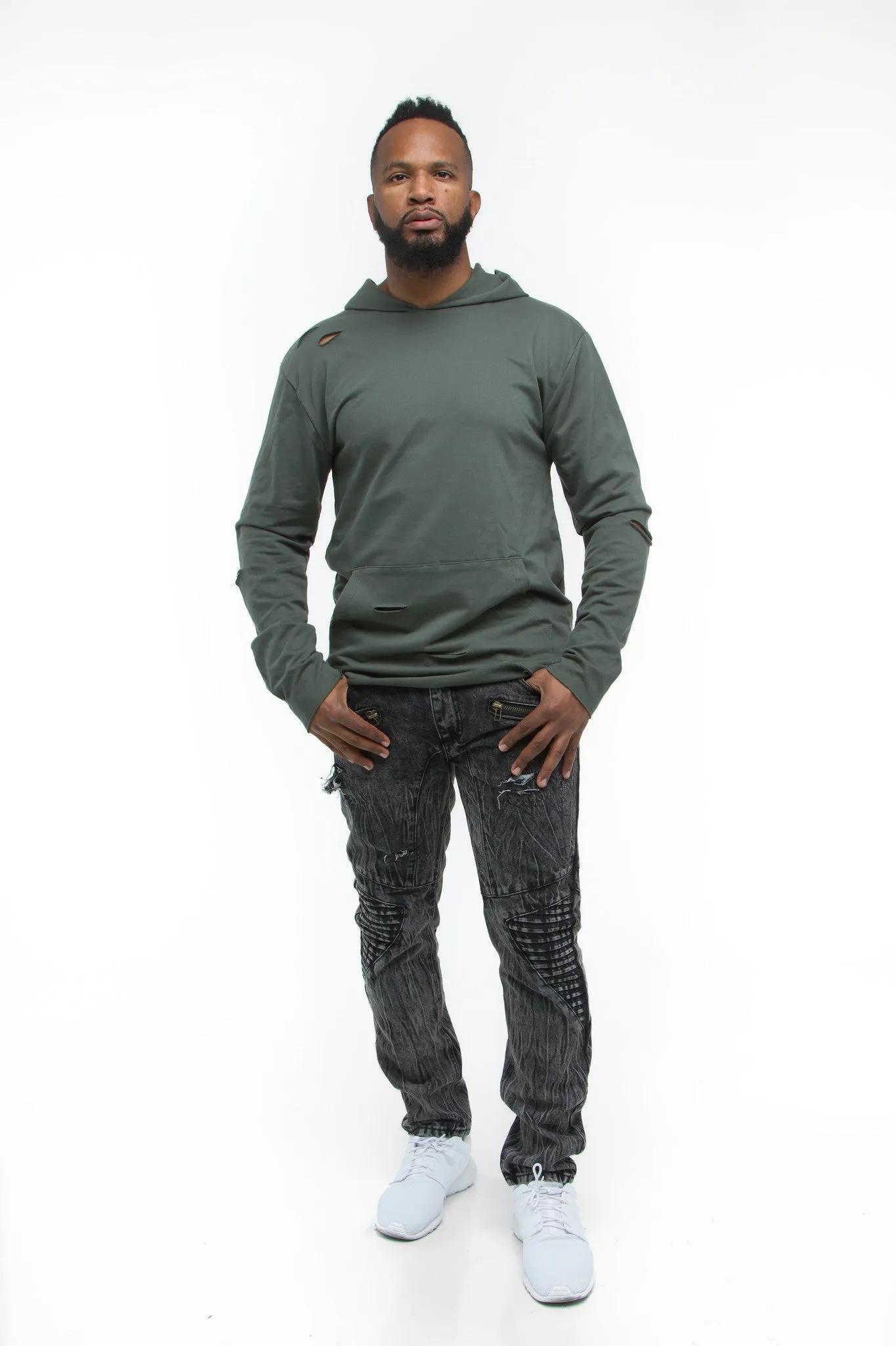 THE MYSTYLEMODE MENSWEAR OLIVE DISTRESSED HOODIE