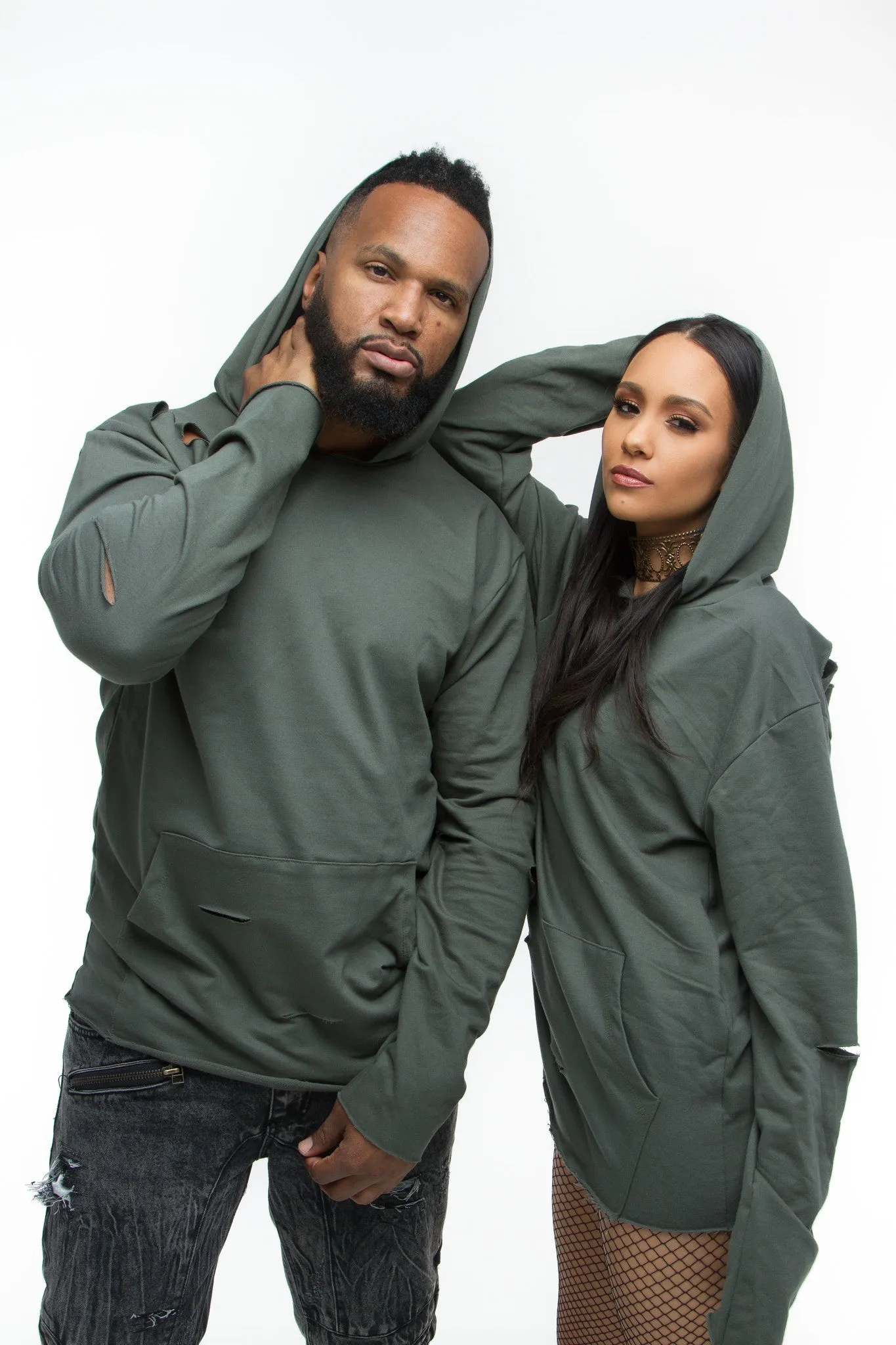 THE MYSTYLEMODE MENSWEAR OLIVE DISTRESSED HOODIE