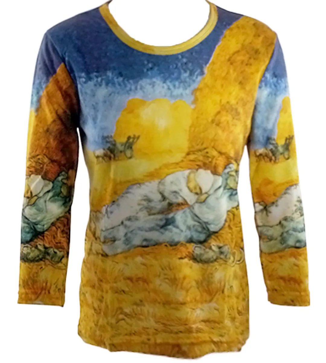 Van Gogh Rest Work, Hand Silk-Screened 3/4 Sleeve, Scoop Neck Artistic Top