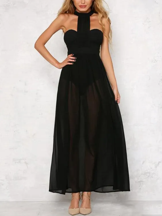 Wholesale Black Crew Neck Sleeveless Backless Maxi Dresses