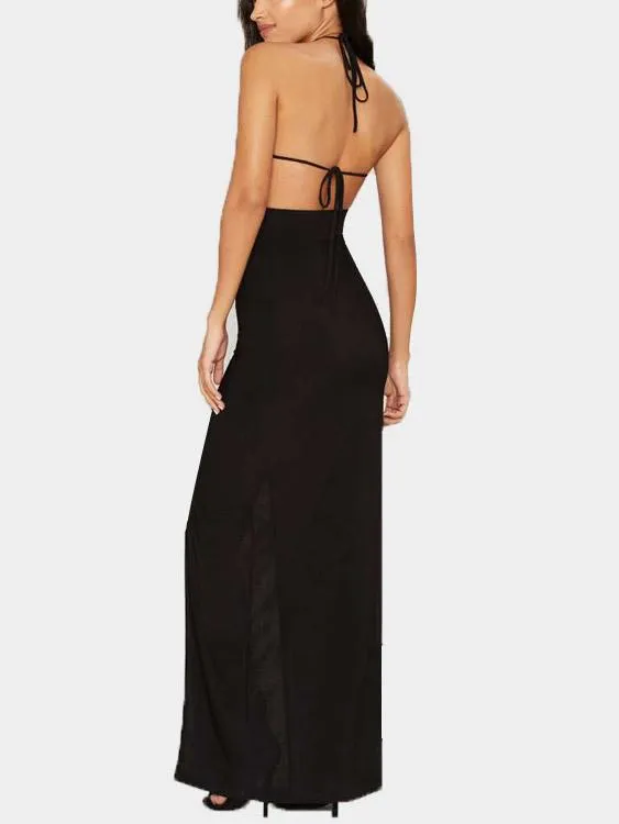 Wholesale Black Halter Sleeveless Backless Slit Hem Maxi Dresses