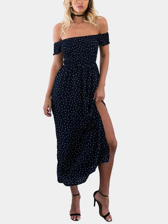 Wholesale Black Off The Shoulder Short Sleeve Polka Dot Slit Hem Maxi Dress