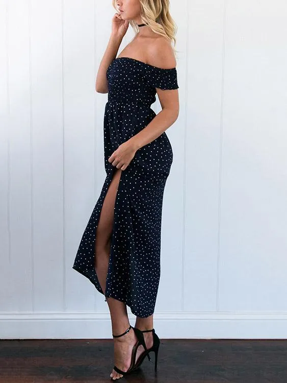 Wholesale Black Off The Shoulder Short Sleeve Polka Dot Slit Hem Maxi Dress