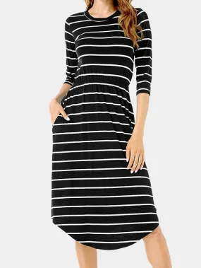 Wholesale Black Round Neck 3/4 Length Sleeve Stripe Curved Hem Midi Dress