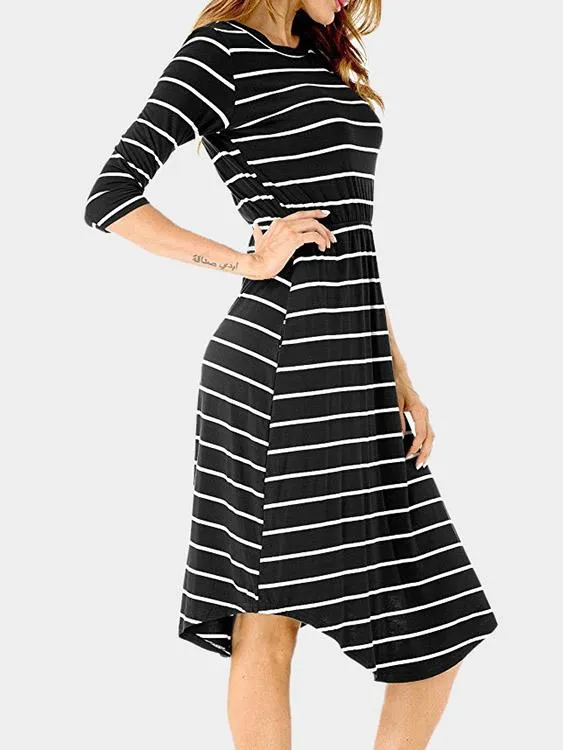 Wholesale Black Round Neck 3/4 Length Sleeve Stripe Curved Hem Midi Dress