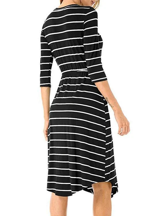 Wholesale Black Round Neck 3/4 Length Sleeve Stripe Curved Hem Midi Dress