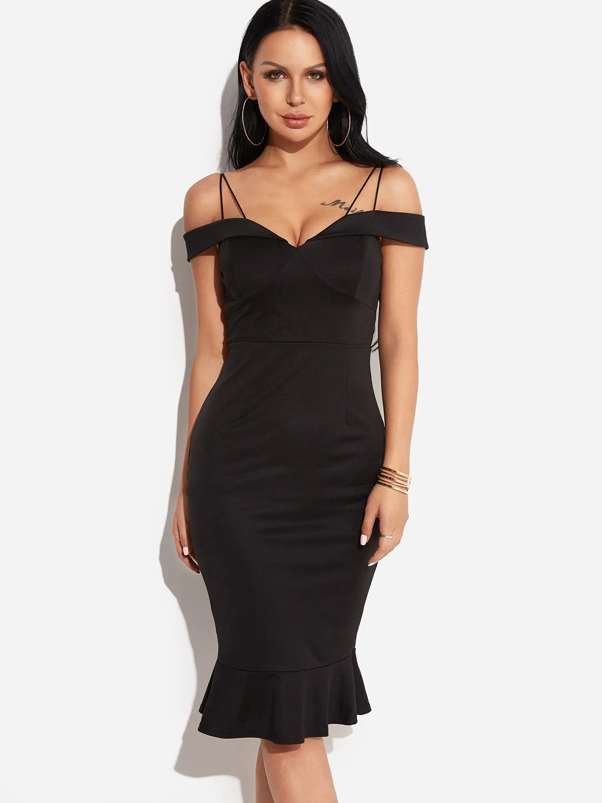 Wholesale Black V-Neck Cold Shoulder Sleeveless Plain Midi Dresses