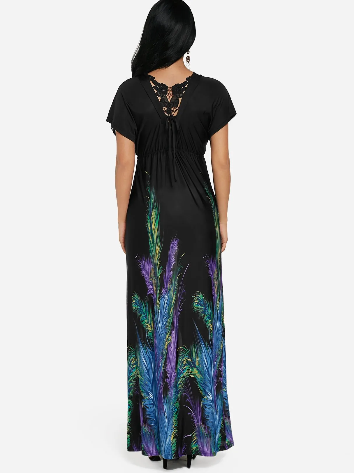 Wholesale Black V-Neck Short Sleeve Printed Lace Flounced Hem Maxi Dress