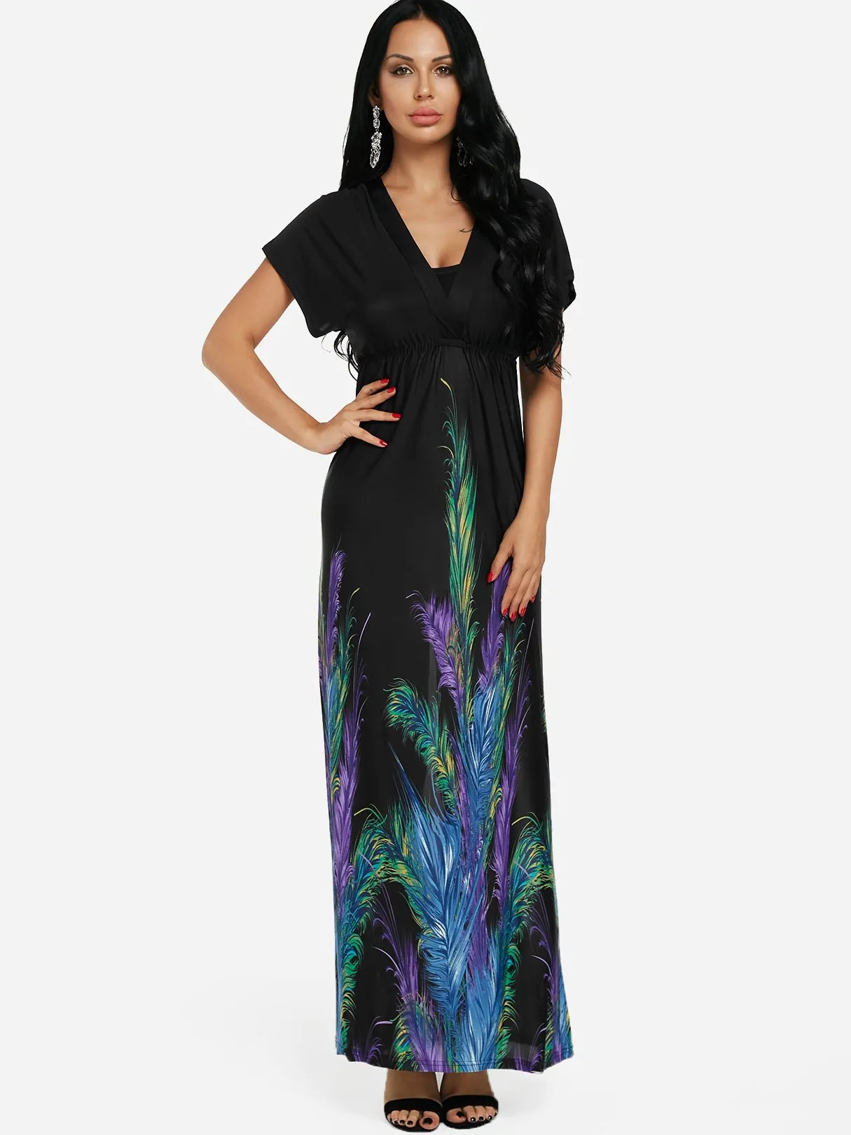 Wholesale Black V-Neck Short Sleeve Printed Lace Flounced Hem Maxi Dress