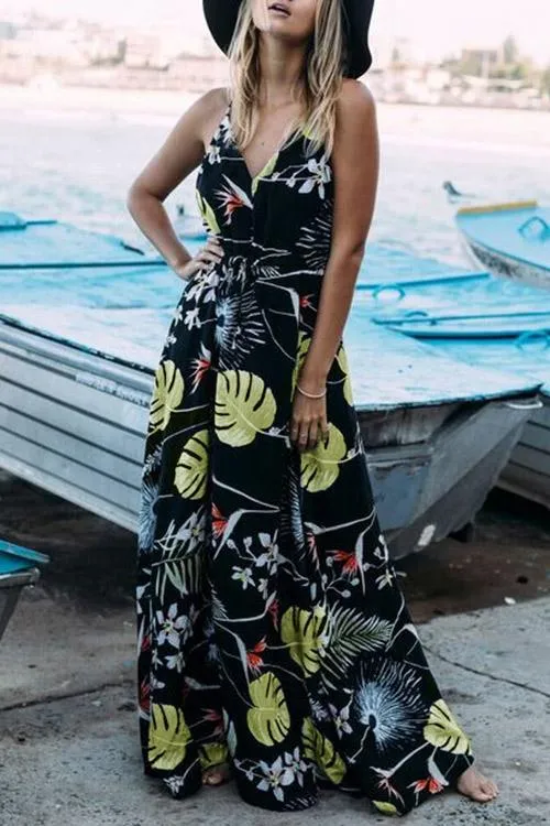 Wholesale Black V-Neck Sleeveless Floral Print Maxi Dress