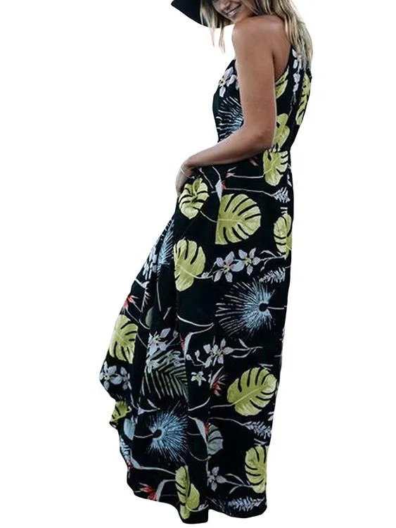 Wholesale Black V-Neck Sleeveless Floral Print Maxi Dress