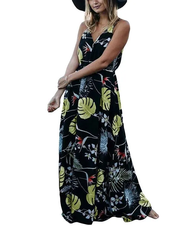 Wholesale Black V-Neck Sleeveless Floral Print Maxi Dress