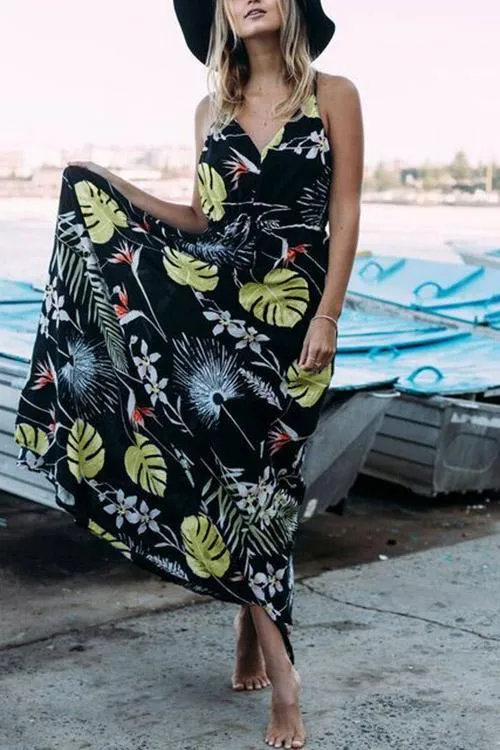 Wholesale Black V-Neck Sleeveless Floral Print Maxi Dress