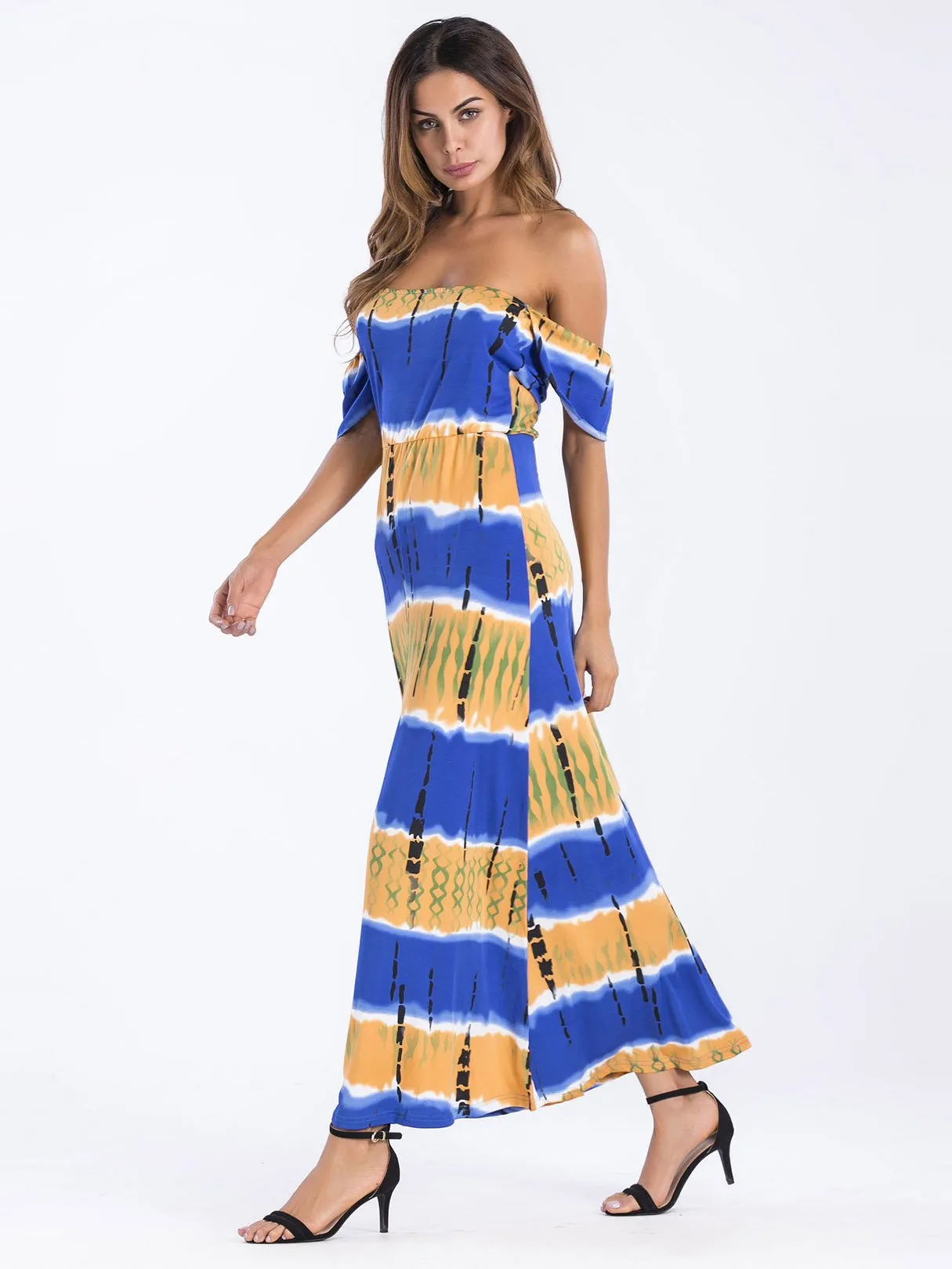 Wholesale Blue Off The Shoulder Half Sleeve Printed Backless Maxi Dresses