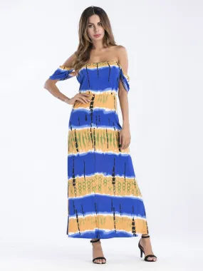 Wholesale Blue Off The Shoulder Half Sleeve Printed Backless Maxi Dresses