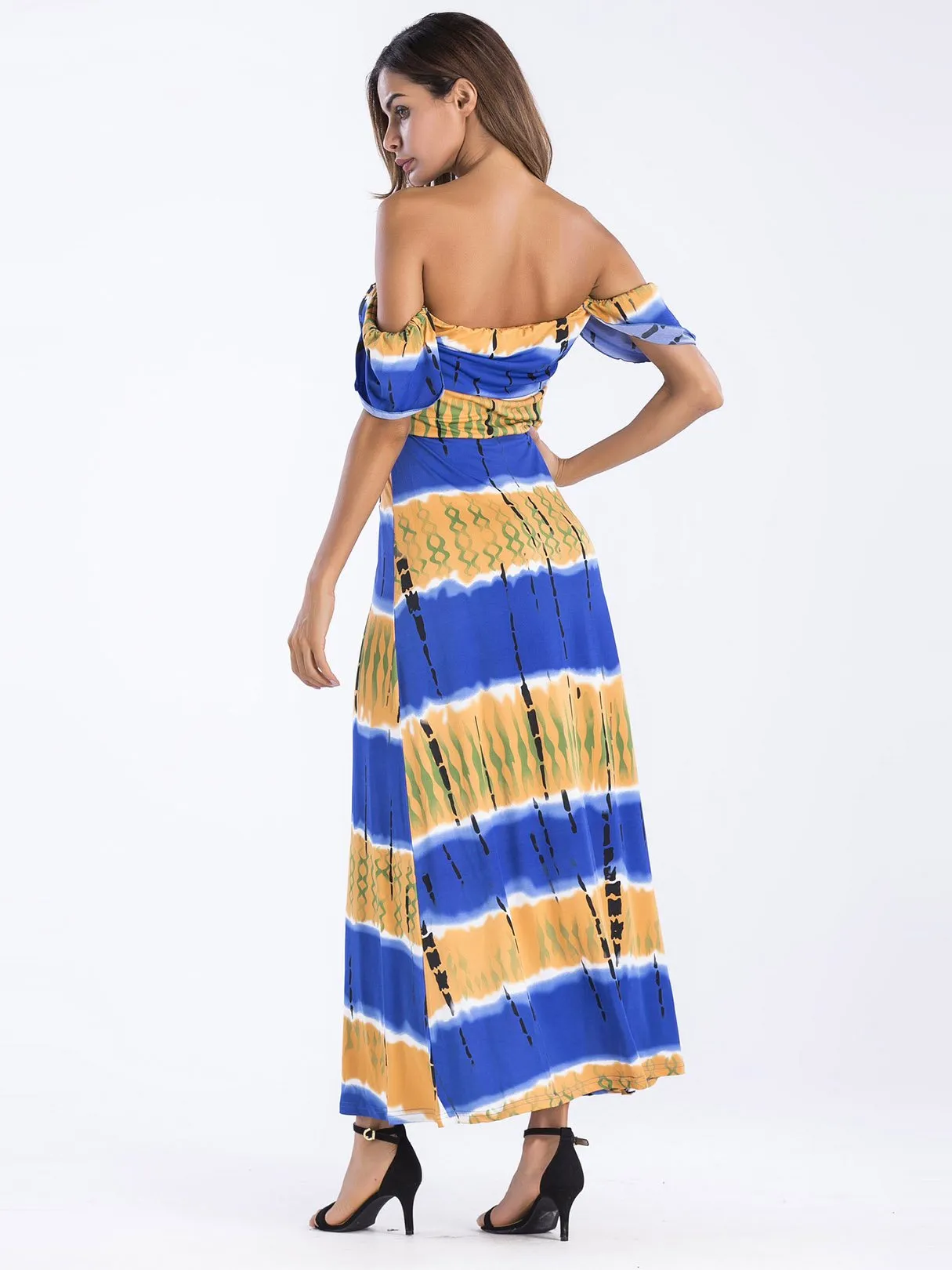 Wholesale Blue Off The Shoulder Half Sleeve Printed Backless Maxi Dresses