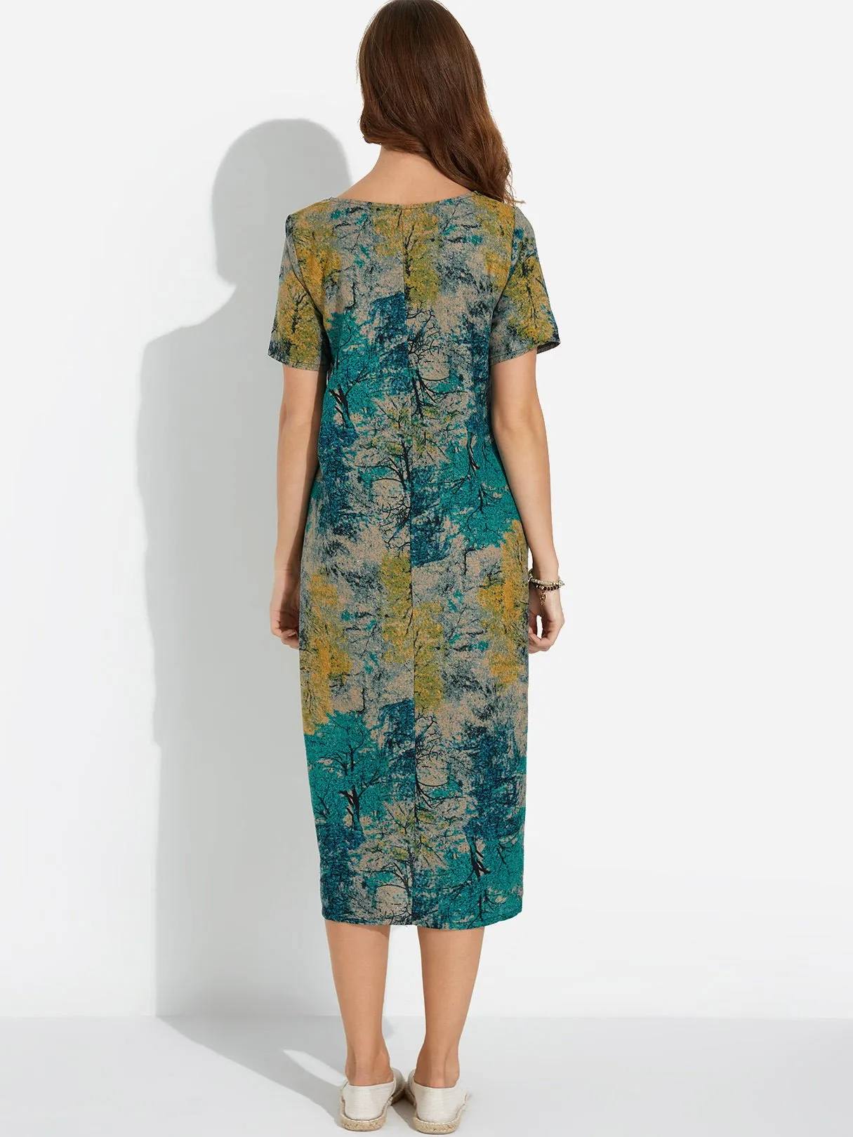 Wholesale Blue Round Neck Short Sleeve Floral Print Midi Dress