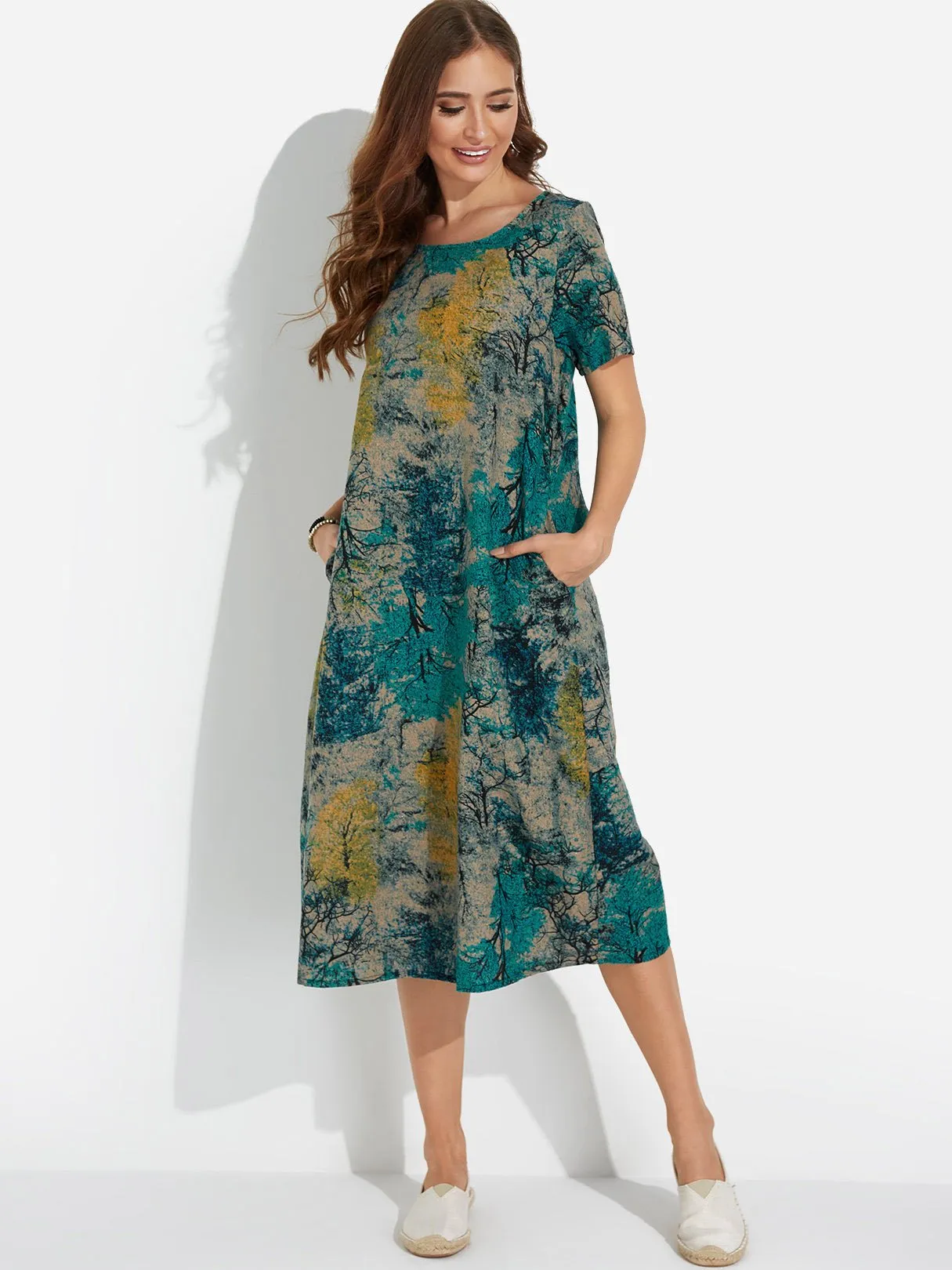 Wholesale Blue Round Neck Short Sleeve Floral Print Midi Dress