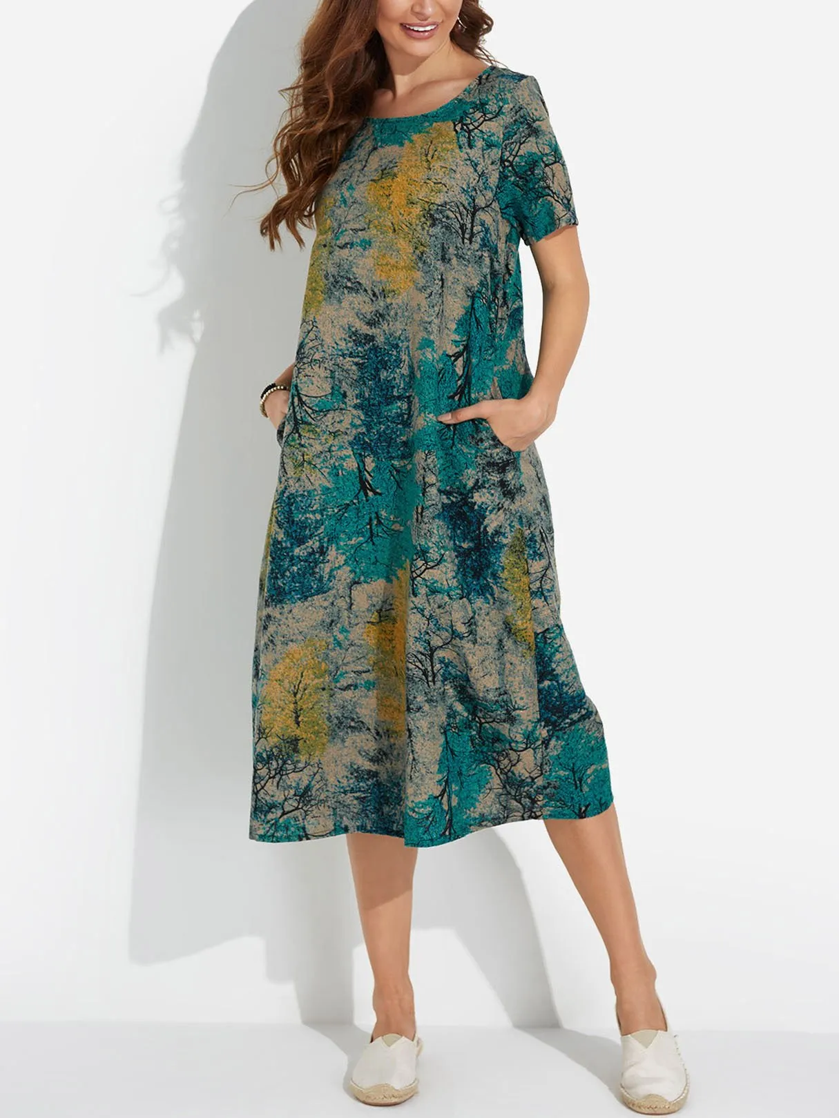 Wholesale Blue Round Neck Short Sleeve Floral Print Midi Dress