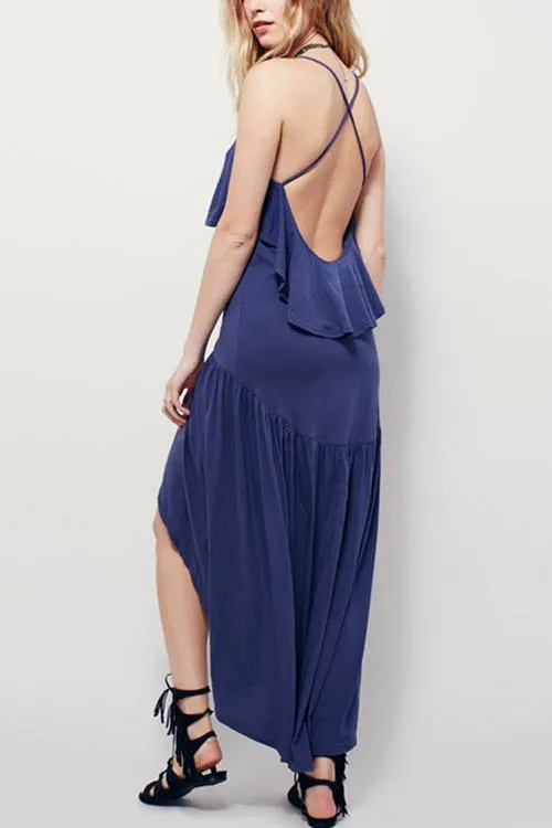 Wholesale Blue V-Neck Sleeveless Backless Maxi Dress