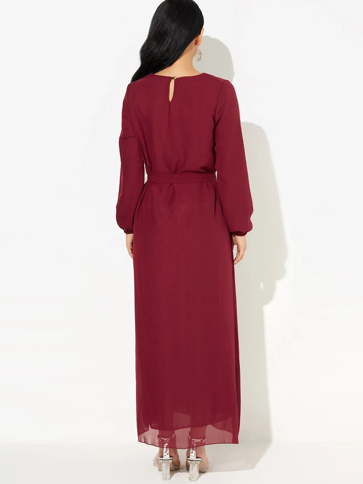 Wholesale Burgundy Round Neck Long Sleeve Self-Tie Maxi Dress