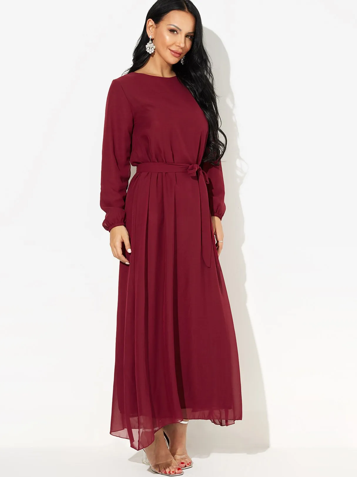 Wholesale Burgundy Round Neck Long Sleeve Self-Tie Maxi Dress