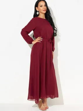 Wholesale Burgundy Round Neck Long Sleeve Self-Tie Maxi Dress