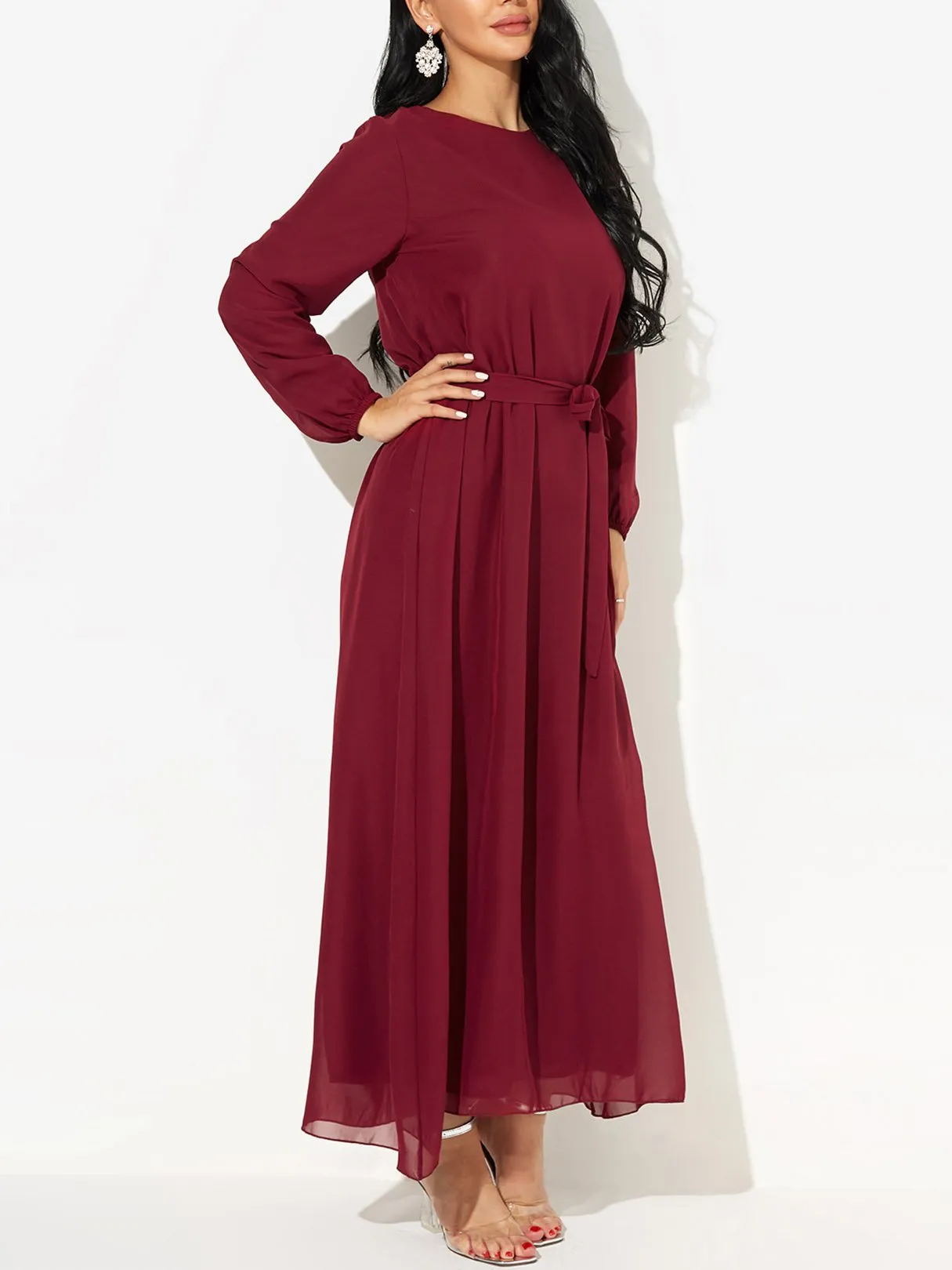 Wholesale Burgundy Round Neck Long Sleeve Self-Tie Maxi Dress