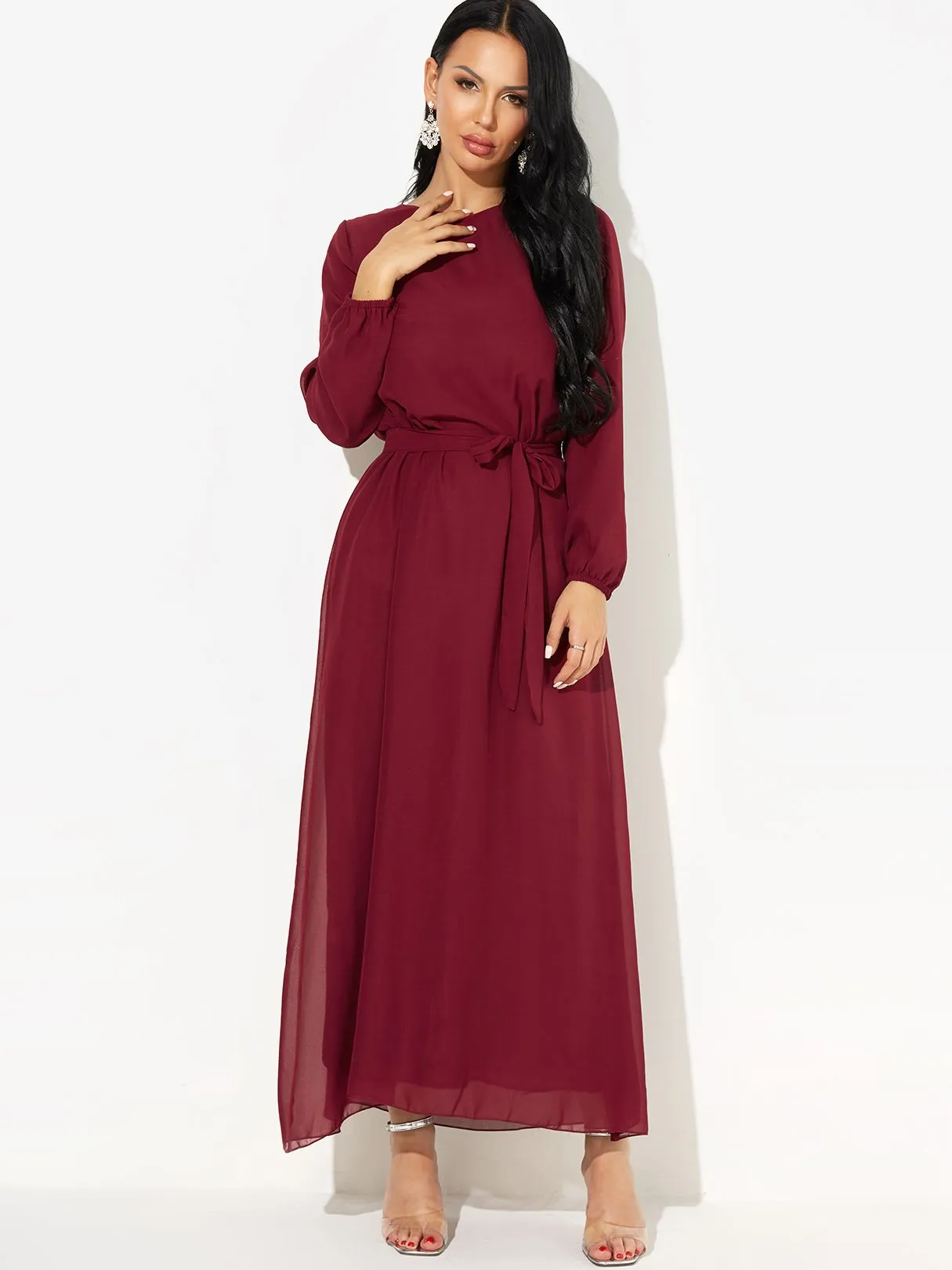 Wholesale Burgundy Round Neck Long Sleeve Self-Tie Maxi Dress