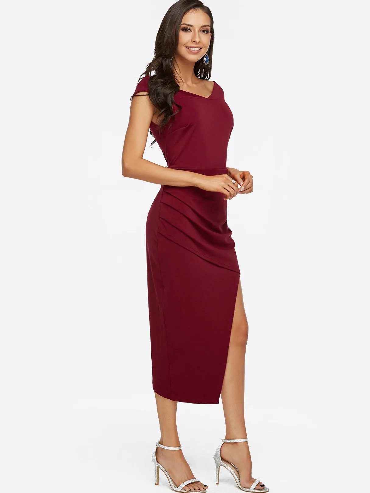 Wholesale Burgundy Strapless Off The Shoulder Sleeveless Zip Back Irregular Hem Maxi Dresses