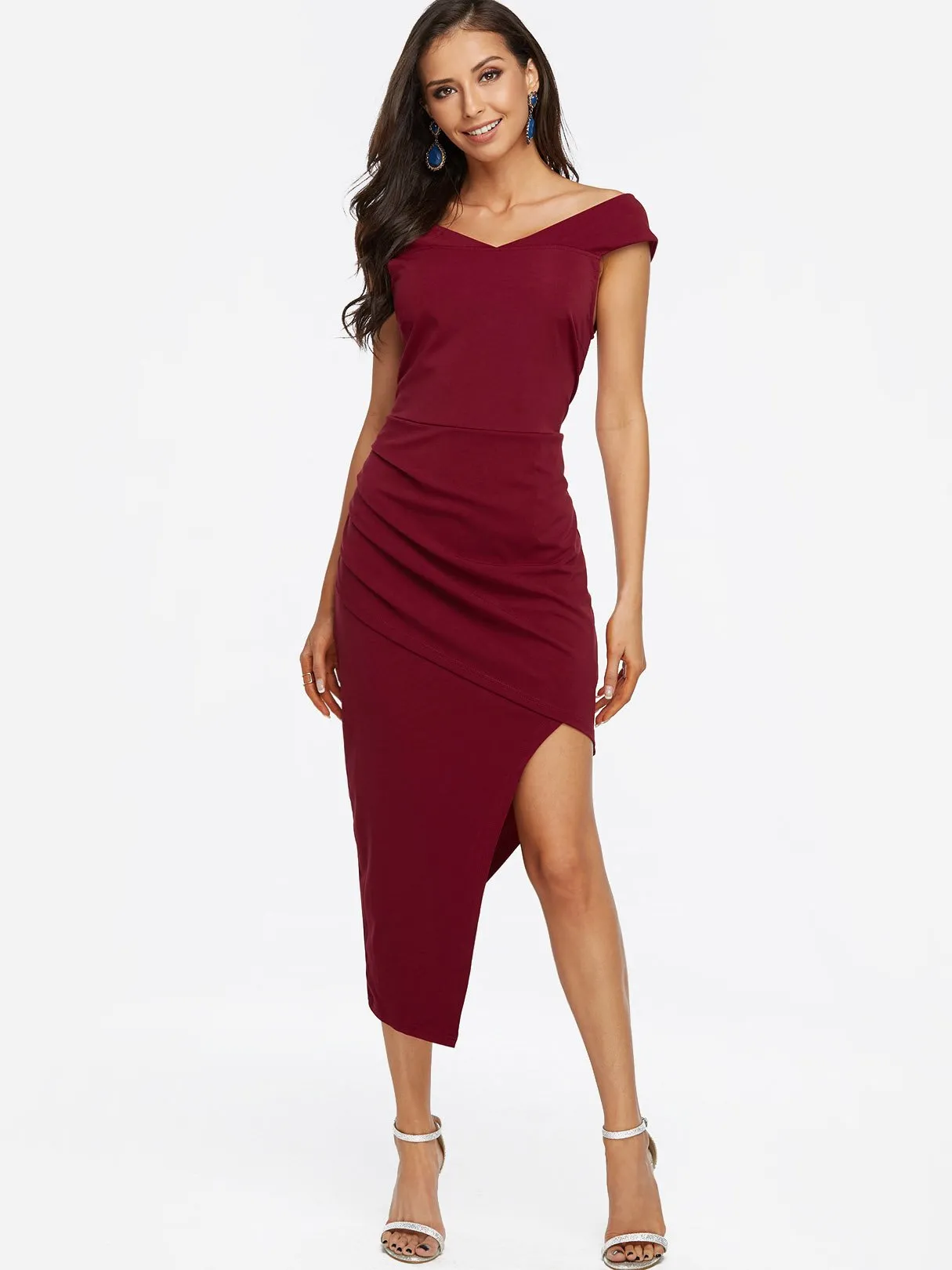 Wholesale Burgundy Strapless Off The Shoulder Sleeveless Zip Back Irregular Hem Maxi Dresses