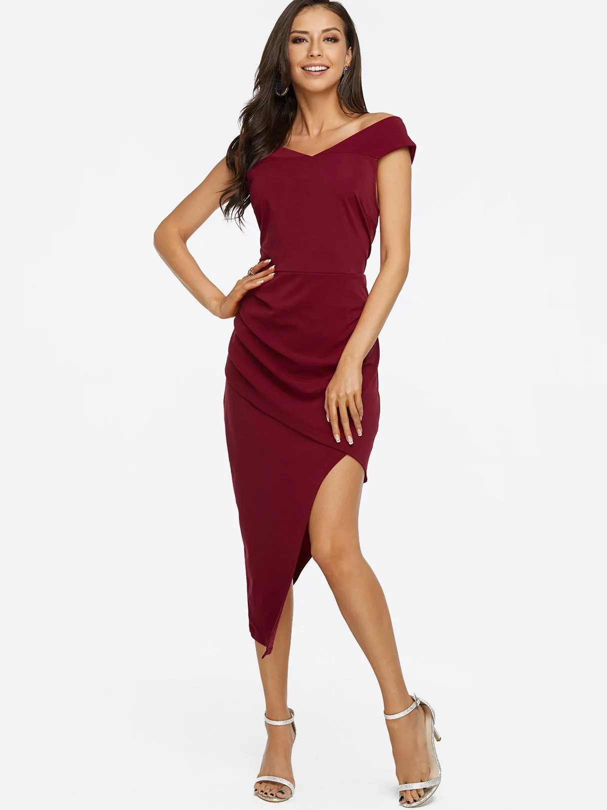 Wholesale Burgundy Strapless Off The Shoulder Sleeveless Zip Back Irregular Hem Maxi Dresses