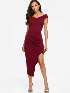 Wholesale Burgundy Strapless Off The Shoulder Sleeveless Zip Back Irregular Hem Maxi Dresses