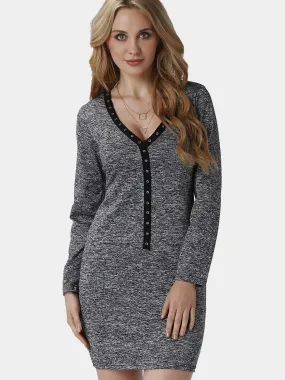 Wholesale Dark Grey Deep V Neck Long Sleeve Plain Midi Dress