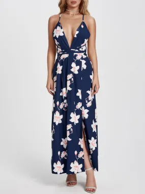 Wholesale Deep V Neck Sleeveless Floral Print Backless Slit Hem Maxi Dress