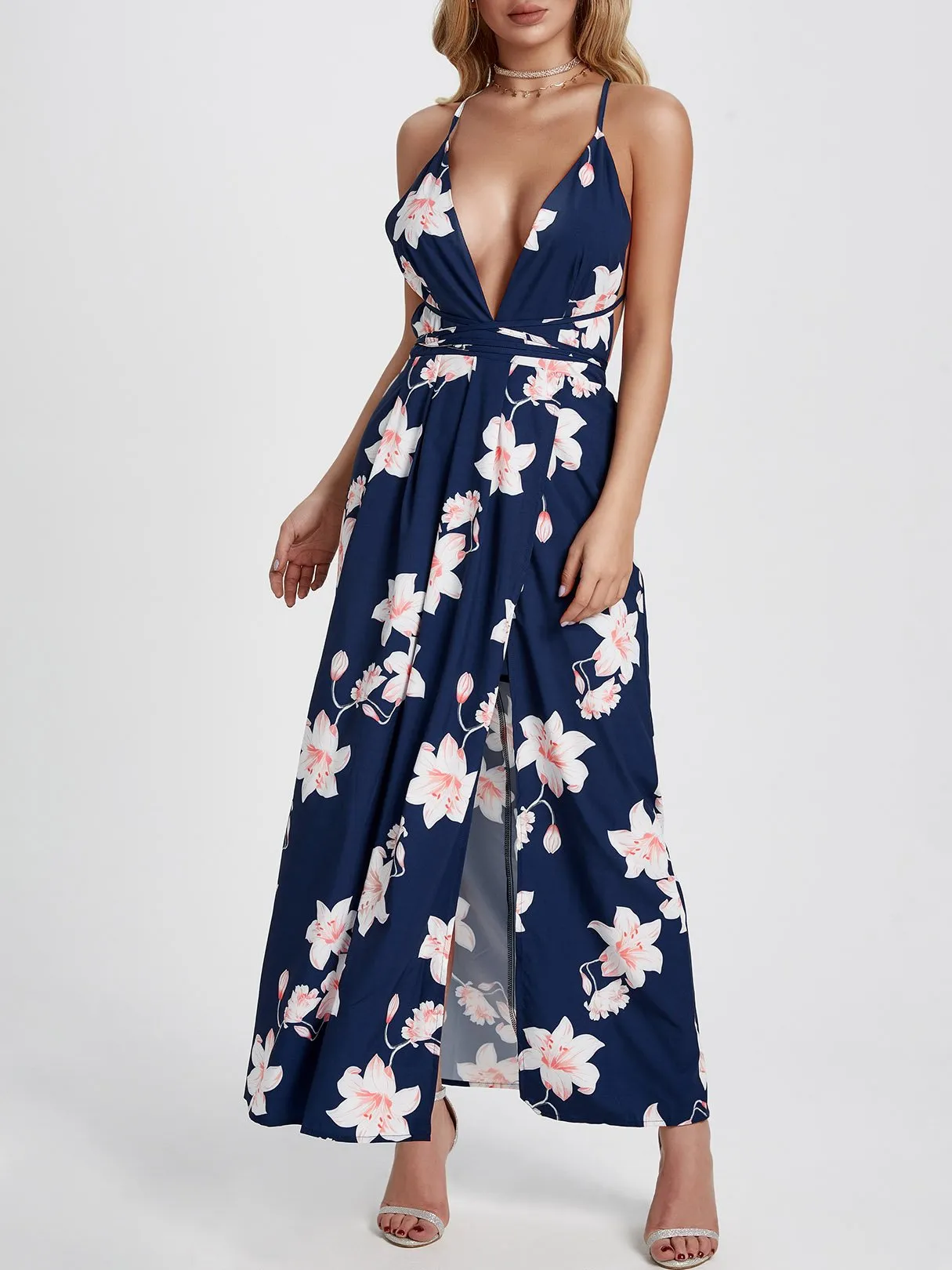 Wholesale Deep V Neck Sleeveless Floral Print Backless Slit Hem Maxi Dress