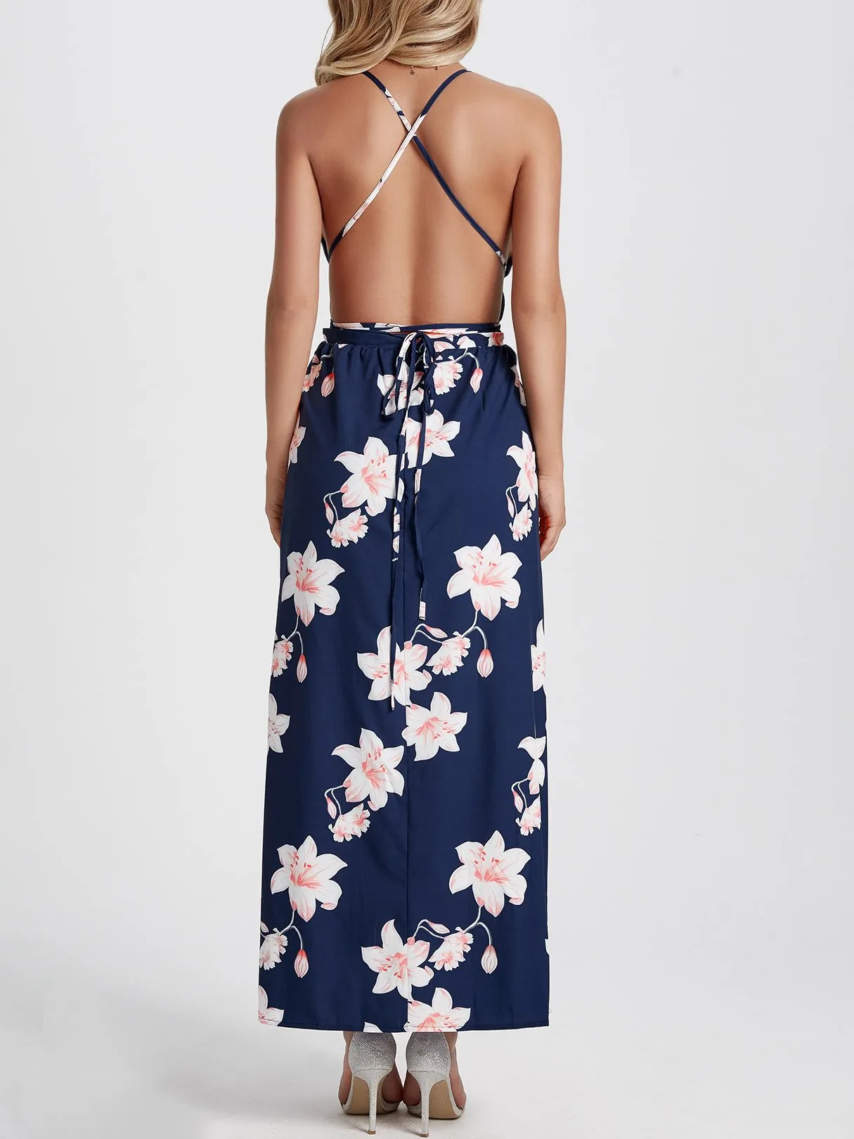 Wholesale Deep V Neck Sleeveless Floral Print Backless Slit Hem Maxi Dress